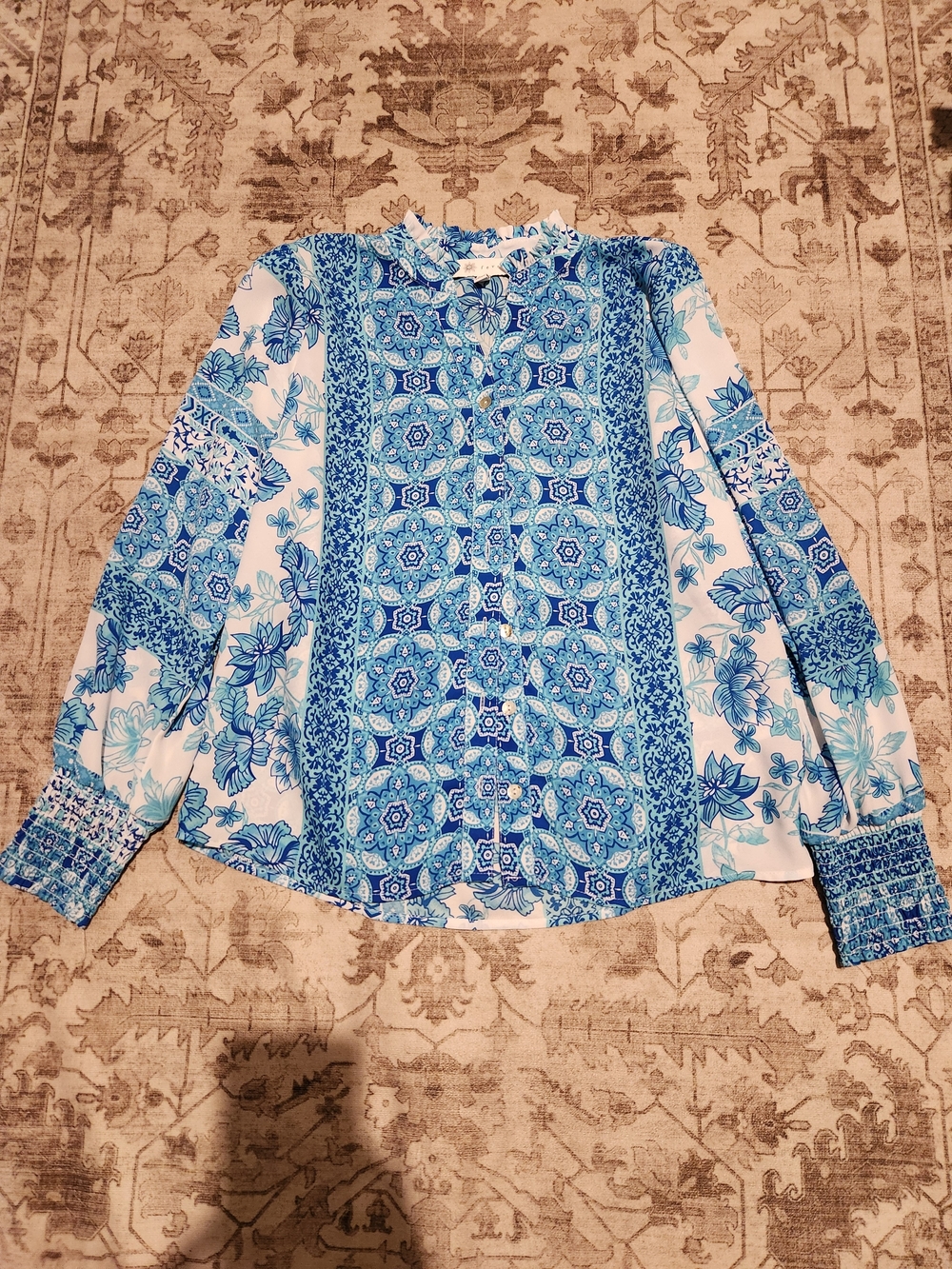 Fever Blue and White Floral Button-Down Blouse